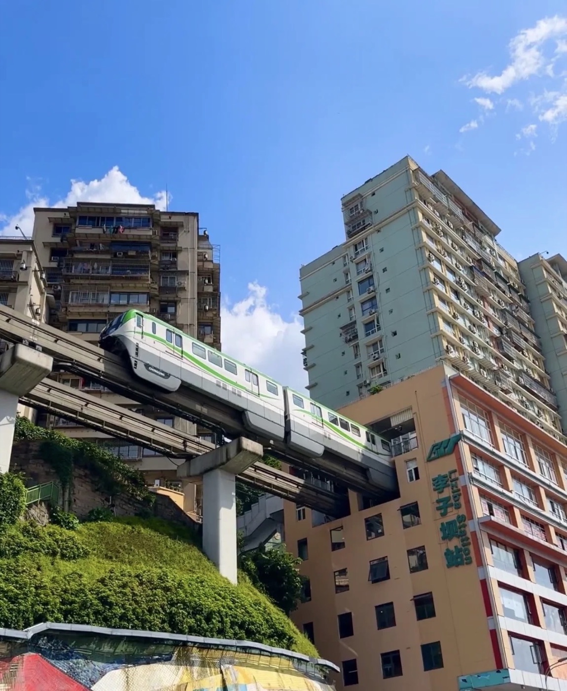 Chongqing's monorail passing through the residential building at Liziba